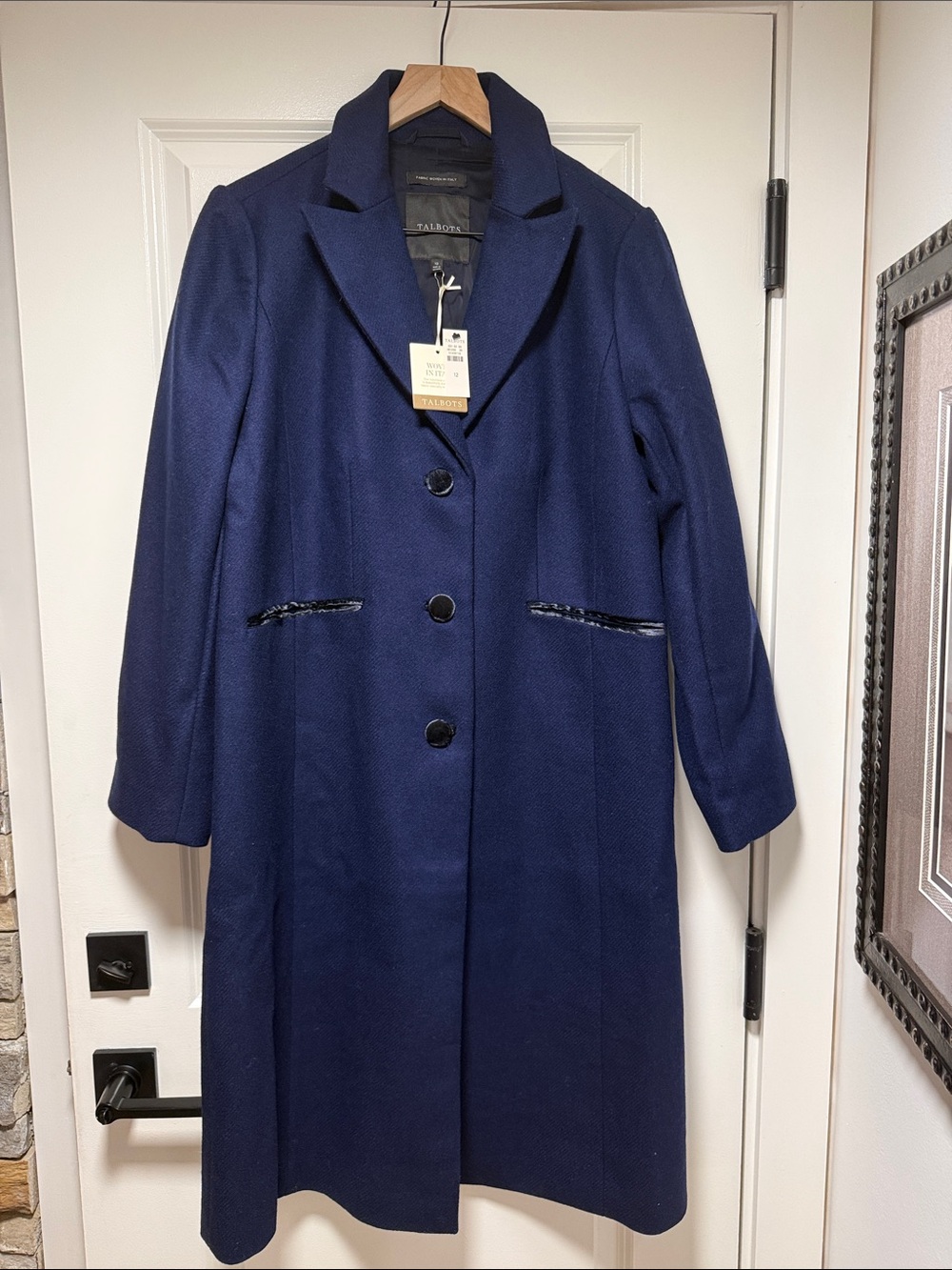 Talbots Navy Tailored Long Wool Blend Coat with velvet button and trim. Size 12